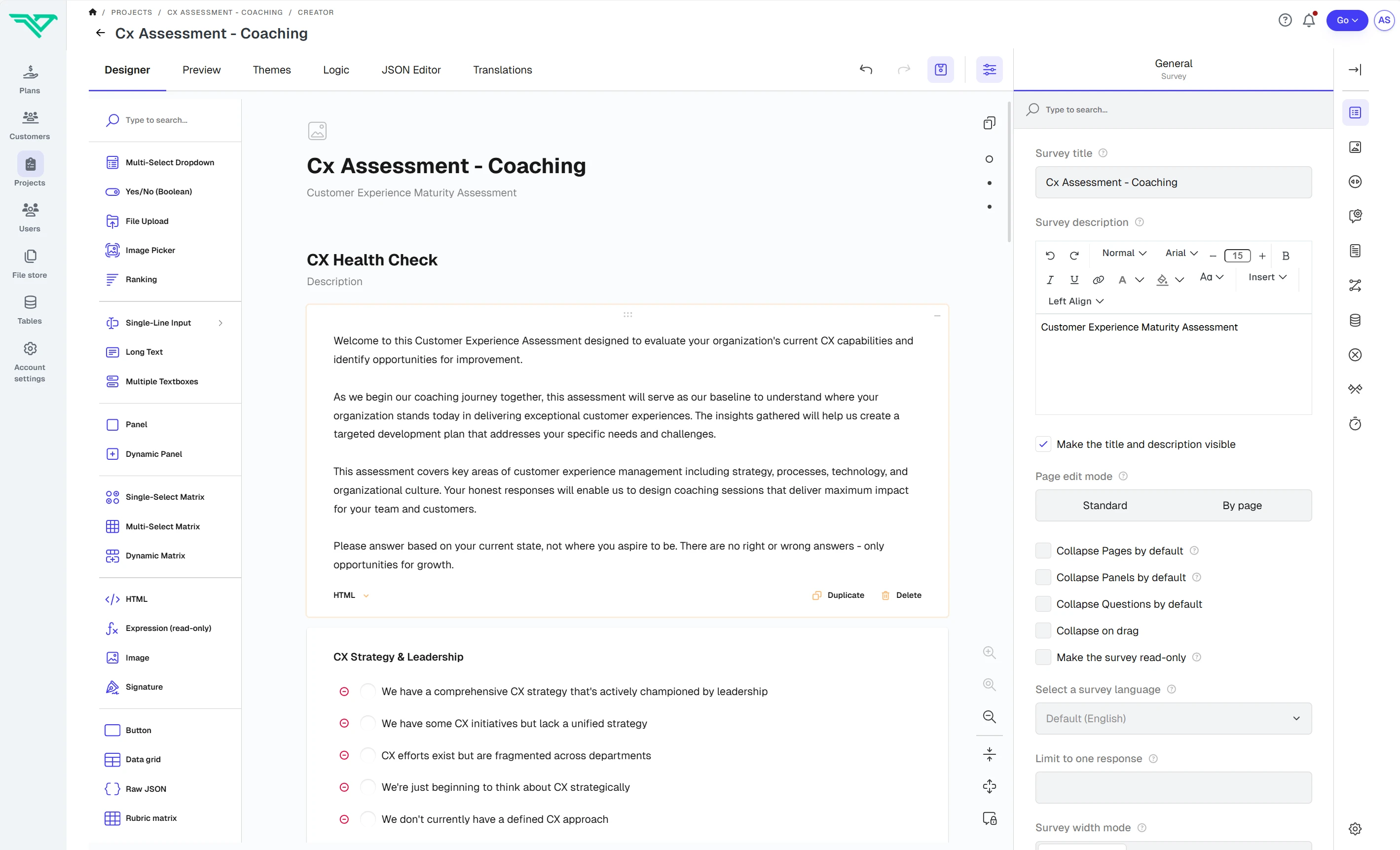 Screenshot of the AssessFluence form builder interface.